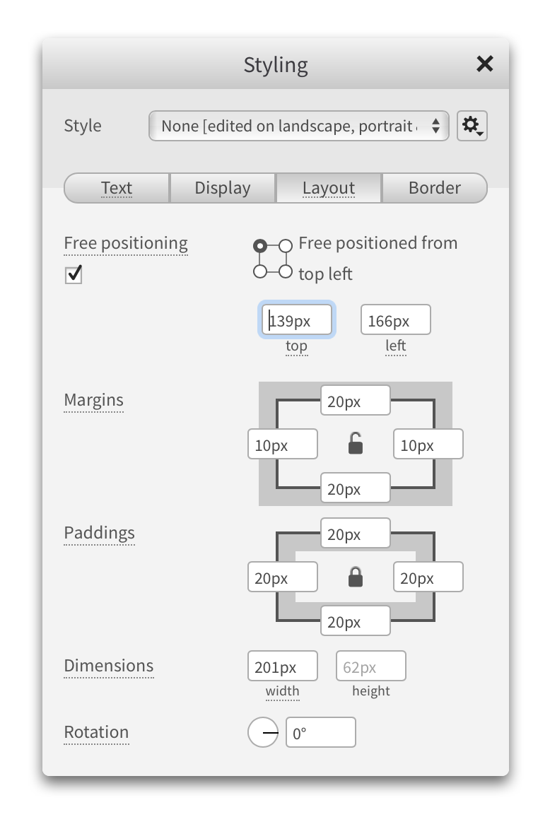 New margin, padding and position fields